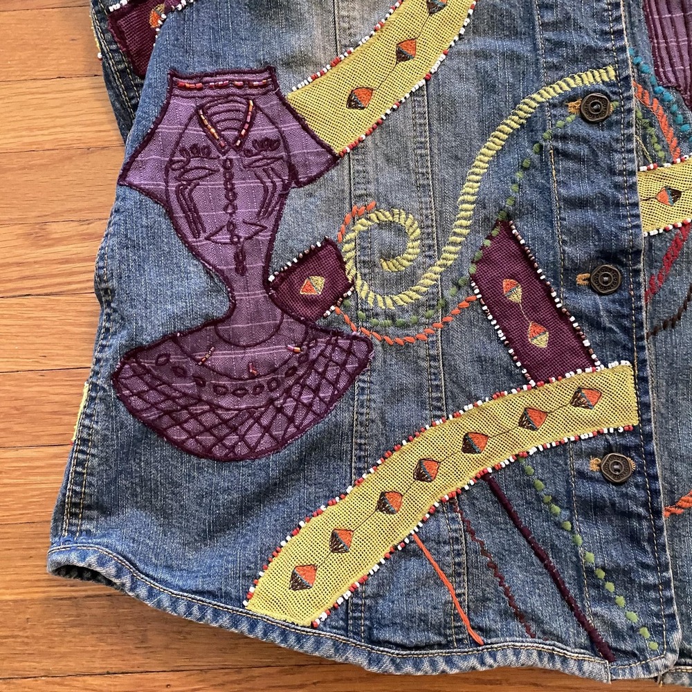 Chicos Jean Vest Womens 2 Embroidered Applique Boho Art Jacket Casual Layering - Picture 2 of 14